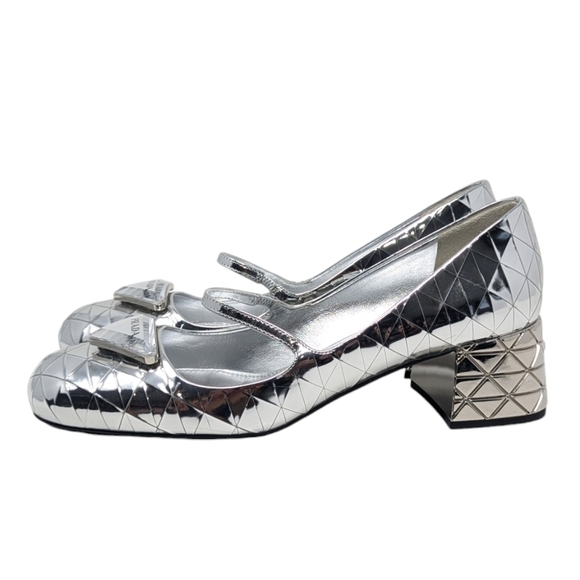 NEW PRADA Venice Metallic Silver Mary Jane Leather Heel Size EU 38 - Picture 3 of 16